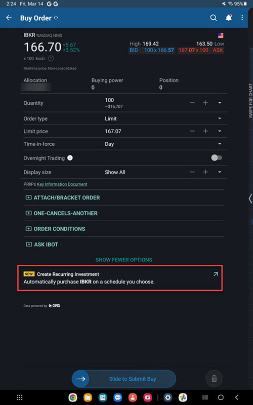 The recurring investment option on the Android Tablet
